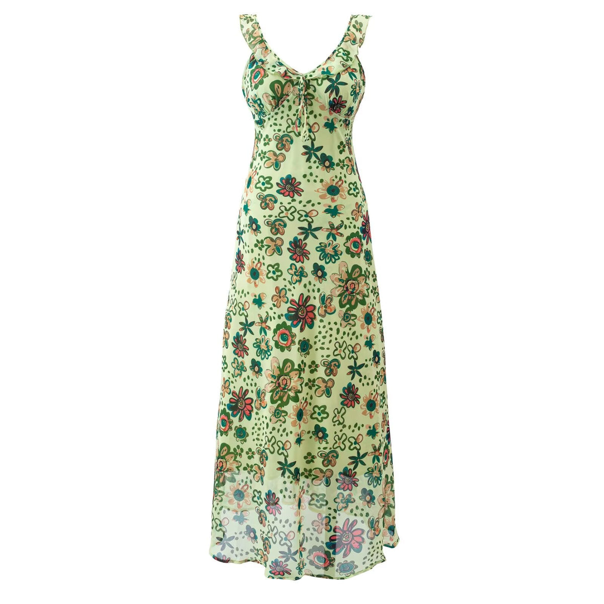 Summer Romantic Retro Fresh Ruffled Printed Dress Slim Slimming V Neckline Dress