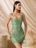 Sequined Sexy Cami Dress Vintage Green Pattern Slim Hip Wrapped Short Evening Dress
