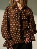 Women Clothing French Minority Vintage Ribbon Lantern Sleeve Casual Polka Dot Women Top