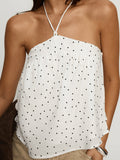 White Polka Dot Halter Spaghetti Straps Women String Casual Loose Wave Hem Short Sleeveless Holiday Vest