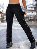 Women High Waist Stretch Cargo Pants Side Button Decor Flared Yoga Pants With Pockets Casual Trousers
