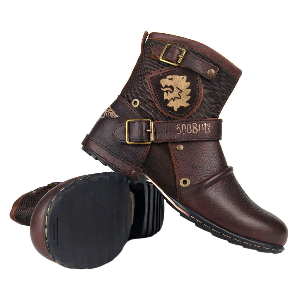 OSSTONE Moto Boots for Men Vintage Zipper-up Retro Leather Chukka Boots Distressed Rock n roll Bike Shoes Punk Boots OS-5008-1-N
