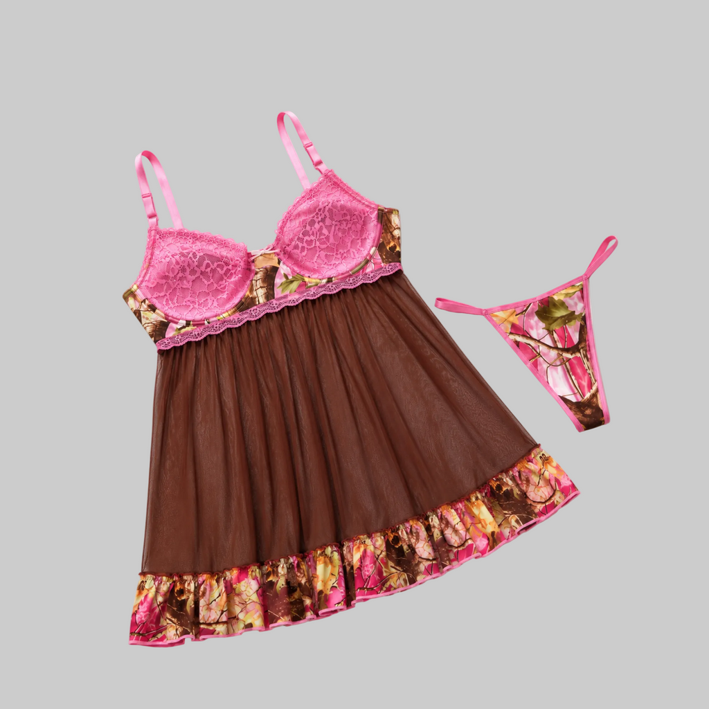 Women's Pink Camo Babydoll Lingerie Set - PinkWoods 2-Piece with Thong - Wilderness Dreams