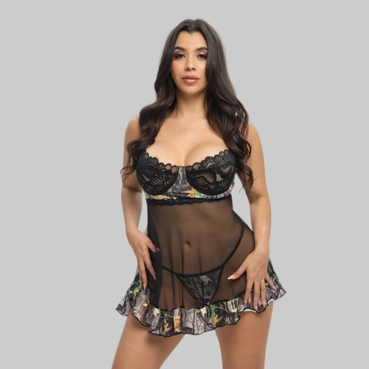 Women's Camo Babydoll Lingerie Set - WoodLand 2-Piece with Thong - Wilderness Dreams
