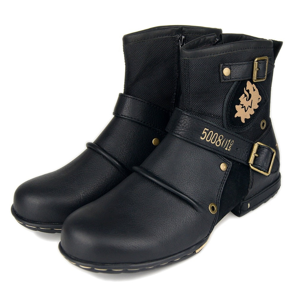 OSSTONE Moto Boots for Men Vintage Zipper-up Retro Leather Chukka Boots Distressed Rock n roll Bike Shoes Punk Boots OS-5008-1-N
