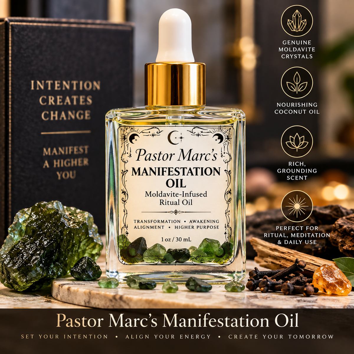 Pastor Marc’s Manifestation -🦋Moldavite Ritual Oil – Manifestation & Spiritual Transformation | 1 oz