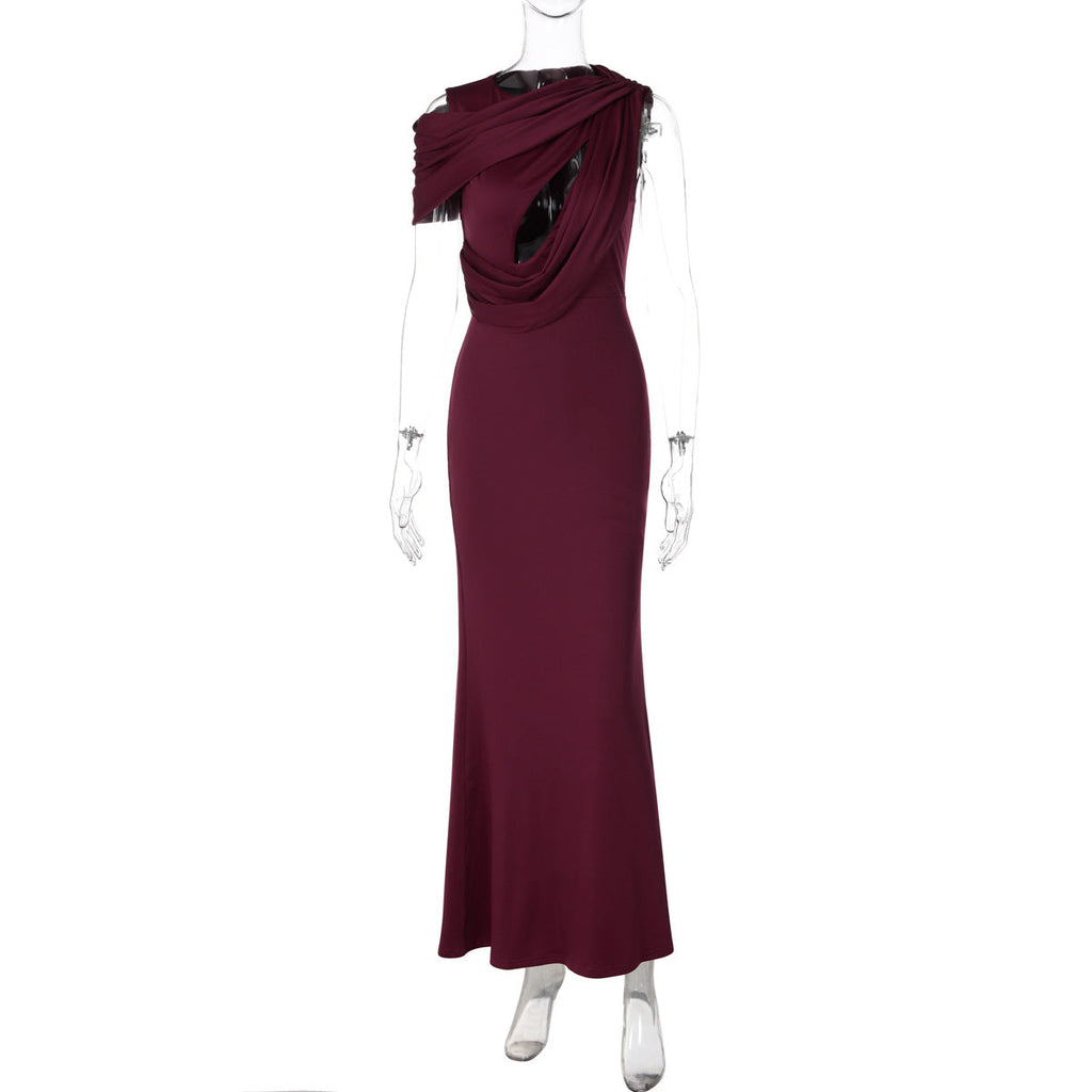 French Hollow Out Cutout Sheath Sleeveless Elegant Sexy Dress Summer Slim Solid Color Maxi Dress