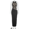 Women Clothing Autumn Solid Color Sexy Lace Stitching Sleeveless Waist Baring Slim Fit Maxi Dress
