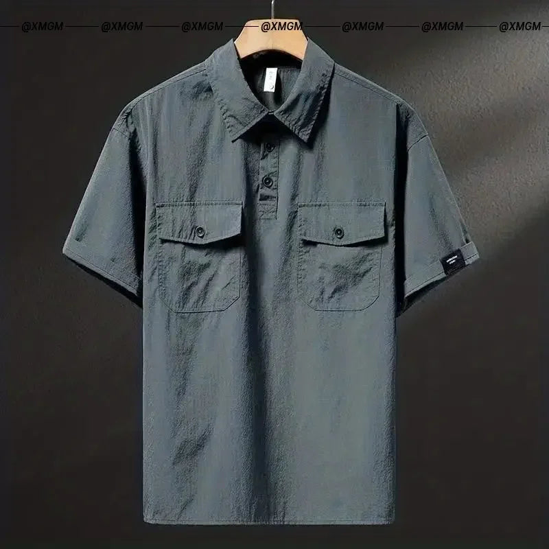 Summer Ice Silk American High-end Workwear Short-sleeved Shirt Men’s Gray British Trendy Retro Loose T-shirt Polo Shirt