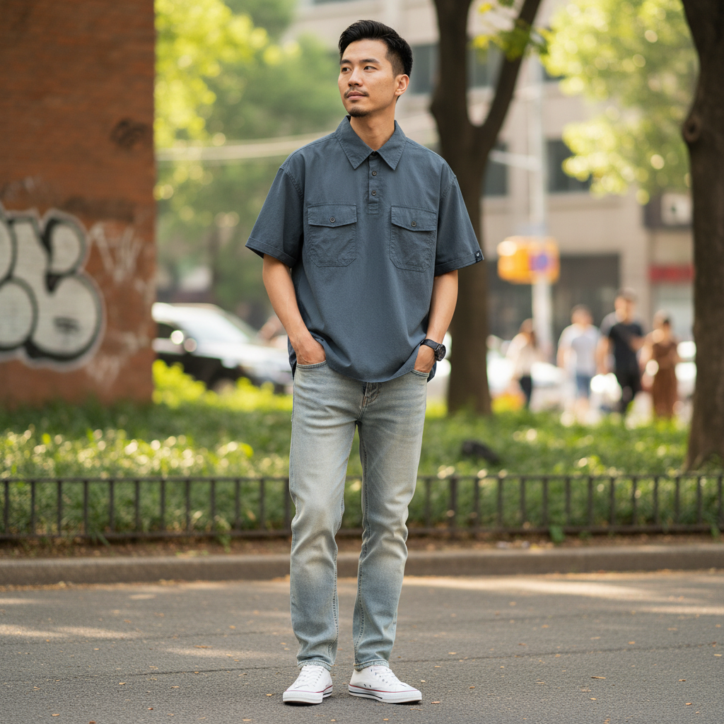 Summer Ice Silk American High-end Workwear Short-sleeved Shirt Men’s Gray British Trendy Retro Loose T-shirt Polo Shirt