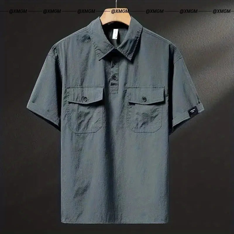 Summer Ice Silk American High-end Workwear Short-sleeved Shirt Men’s Gray British Trendy Retro Loose T-shirt Polo Shirt