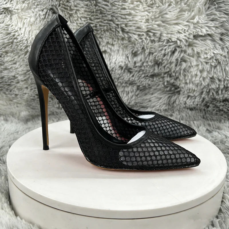Women's Black Mesh Stiletto Pumps  Pointed Toe Hollow-Out High Heels, Sexy Sheer Dress Shoes for Party, Club, and Evening Even