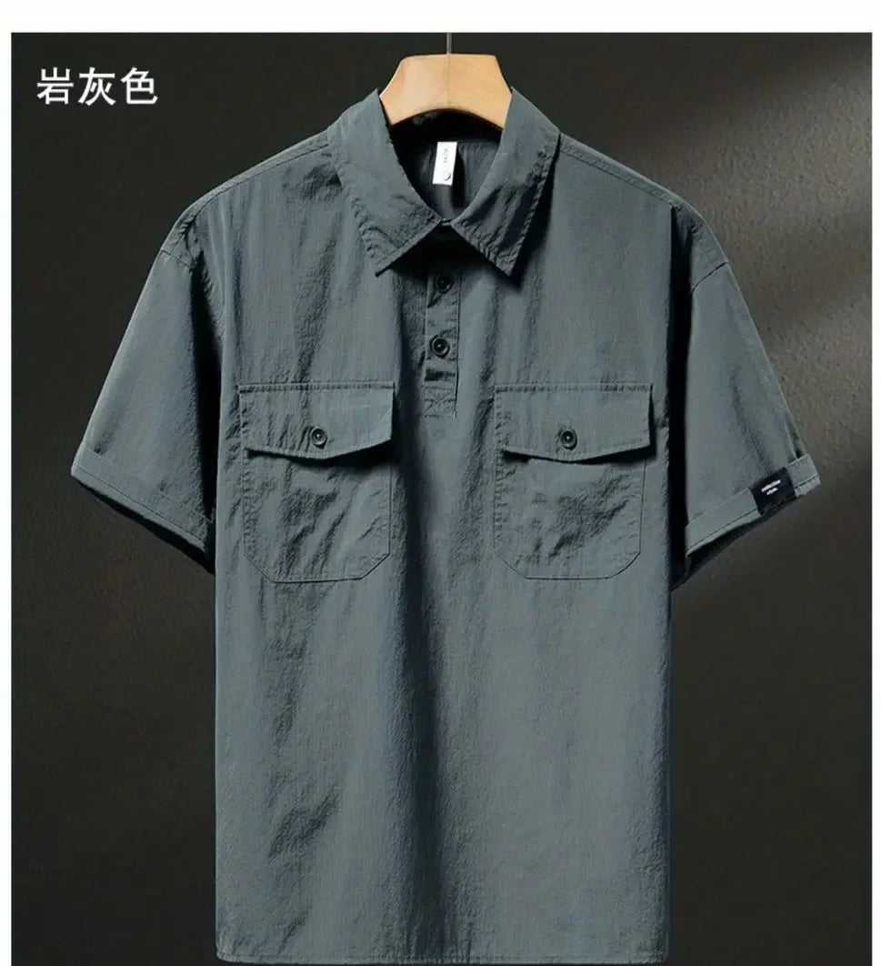 Summer Ice Silk American High-end Workwear Short-sleeved Shirt Men’s Gray British Trendy Retro Loose T-shirt Polo Shirt
