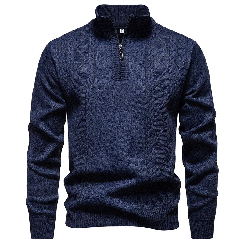 Winter Fleece-Lined Stand Collar Half-Zip Pullover Knitted Sweater for Men,Multi-Color Versatile Casual  Men's Knit Sweater