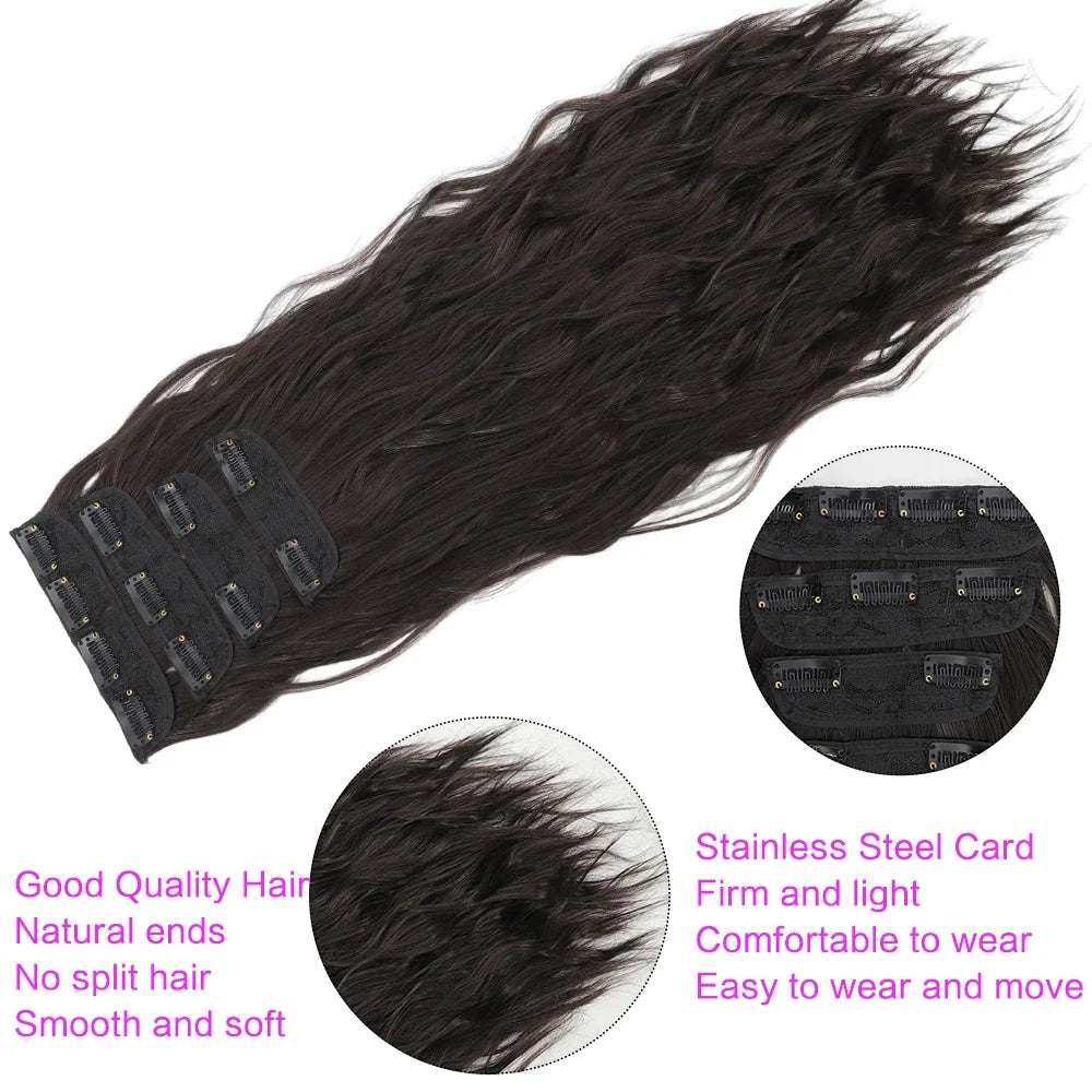 Voluminous Brown-Blonde Clip-In Extensions: 60.96 cm Wavy & Curly Synthetic Hair Set