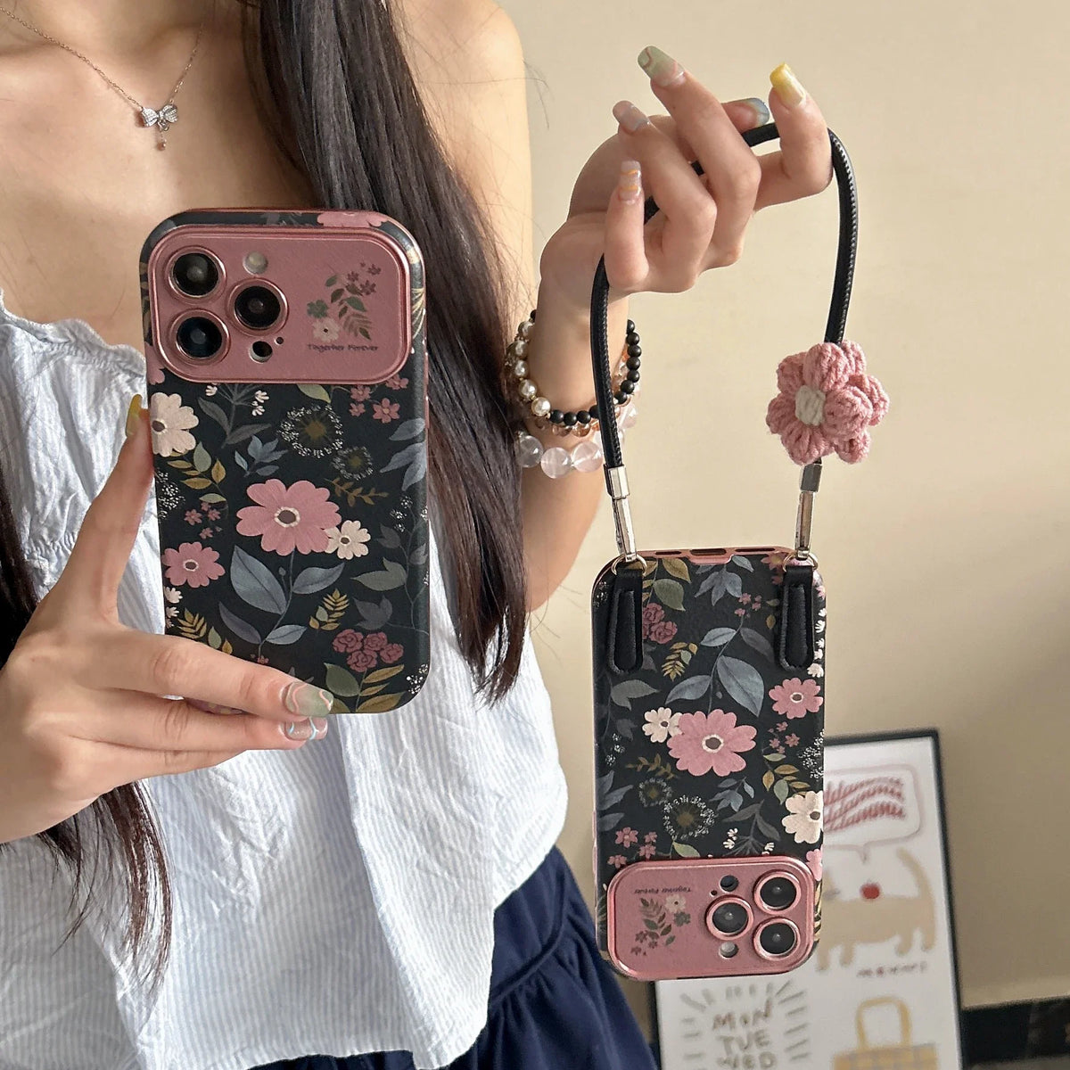 Ins Korean Camellia phone case suitable for iPhone 17 17Promax 16 15 14 13 Promax shock-absorbing strap hanging rope phone case