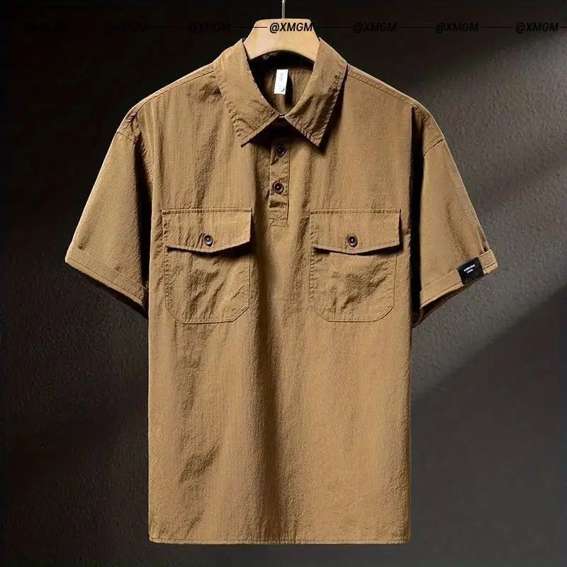 Summer Ice Silk American High-end Workwear Short-sleeved Shirt Men’s Gray British Trendy Retro Loose T-shirt Polo Shirt