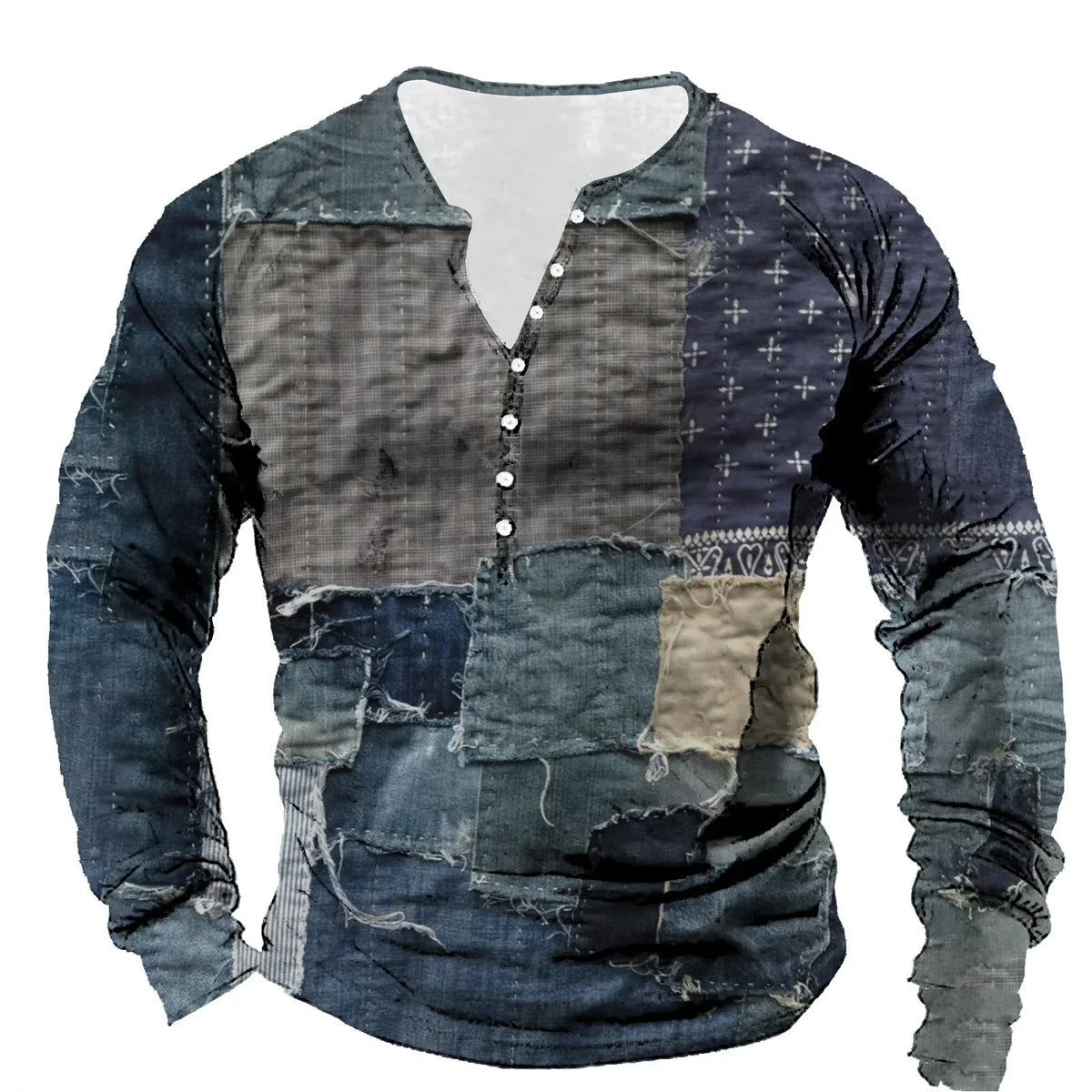 Patchwork Denim Vintage Men’s T-Shirt, Patchwork Grid Pattern Long Sleeve, 3D Print Long Sleeve T-Shirt, Oversized Men’s Button Top
