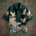 Embossed Flying Crane and Wave Printing Casual Short Sleeved Shirt